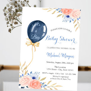 Blauer Luftballon mit Blumen, Punkte Babyparty Einladung