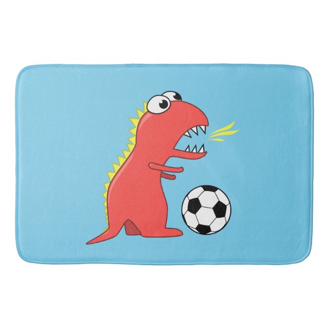 Blauer lustiger Cartoon-Dinosaurier-Fußball Badematte (Vorderseite)