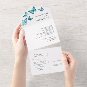 Blauer Luxus Schmetterlinge. Elegante luftige Hoch All In One Einladung