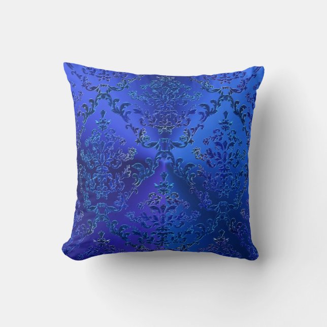 Blauer Luxusdamast-elegantes Wurfs-Kissen Kissen (Vorderseite)