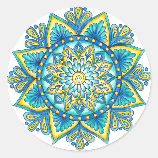 Blauer Mandala Gelbe Türkis Runder Aufkleber (Vorderseite)