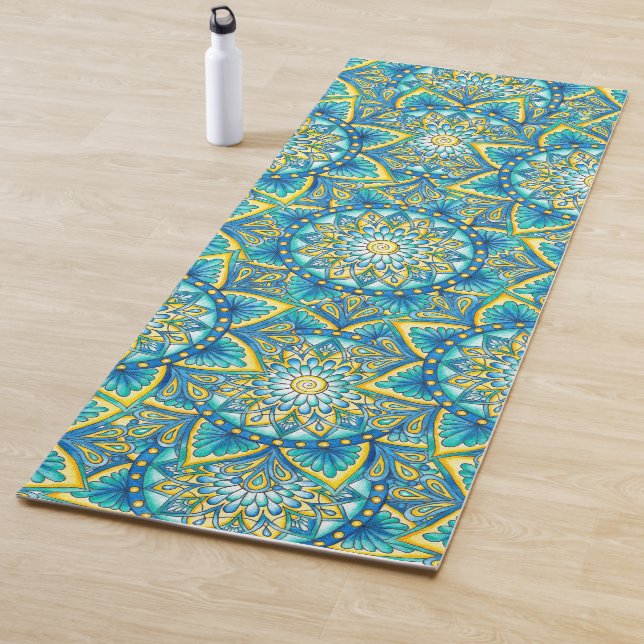 Blauer Mandala Muster Gelb Türkis Yogamatte (Beispiel)