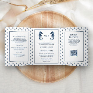 Blauer maritimer Anker Seepferd QR-Code Hochzeit Dreifach Gefaltete Einladung