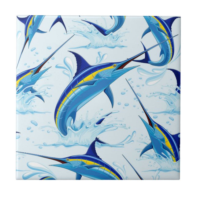 Blauer Marlin springt aus dem Ozean Fliese (Vorderseite)