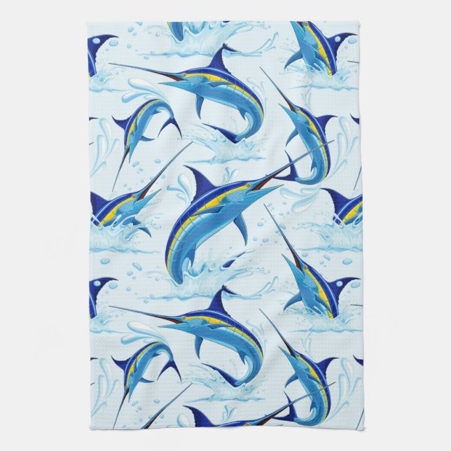 Blauer Marlin springt aus dem Ozean Geschirrtuch (Vertikal)
