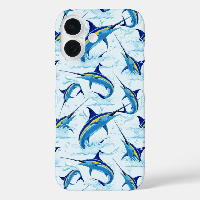 Blauer Marlin springt aus dem Ozean iPhone 16 Hülle (Rückseite)