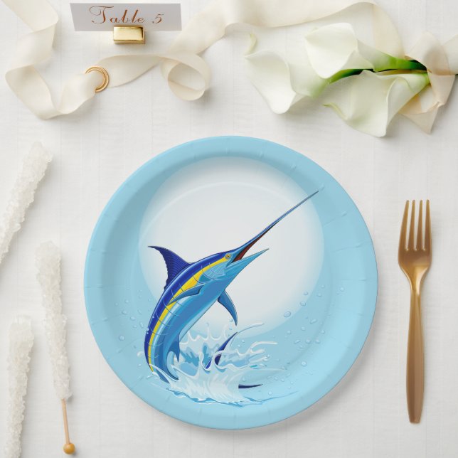 Blauer Marlin springt aus dem Ozean Pappteller (Hochzeit)