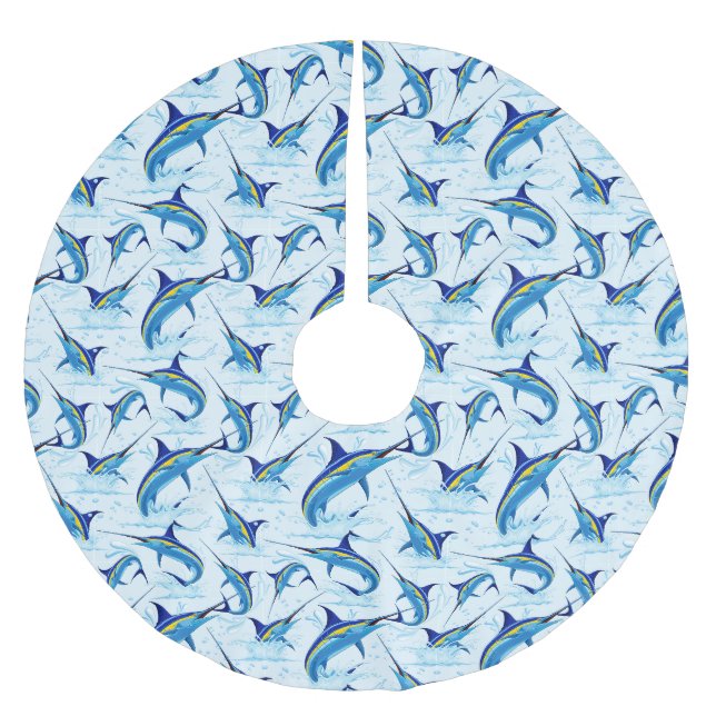 Blauer Marlin springt aus dem Ozean Polyester Weihnachtsbaumdecke (Vorderseite)