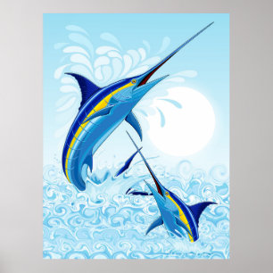 Blauer Marlin springt aus dem Ozean Poster