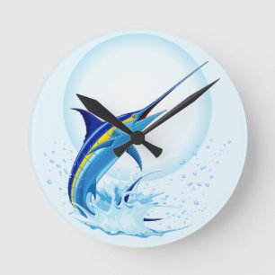 Blauer Marlin springt aus dem Ozean Runde Wanduhr