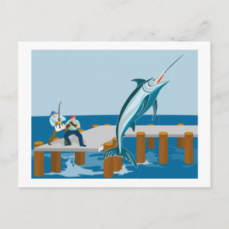 Blauer Marlin springt mit Fischern Postkarte