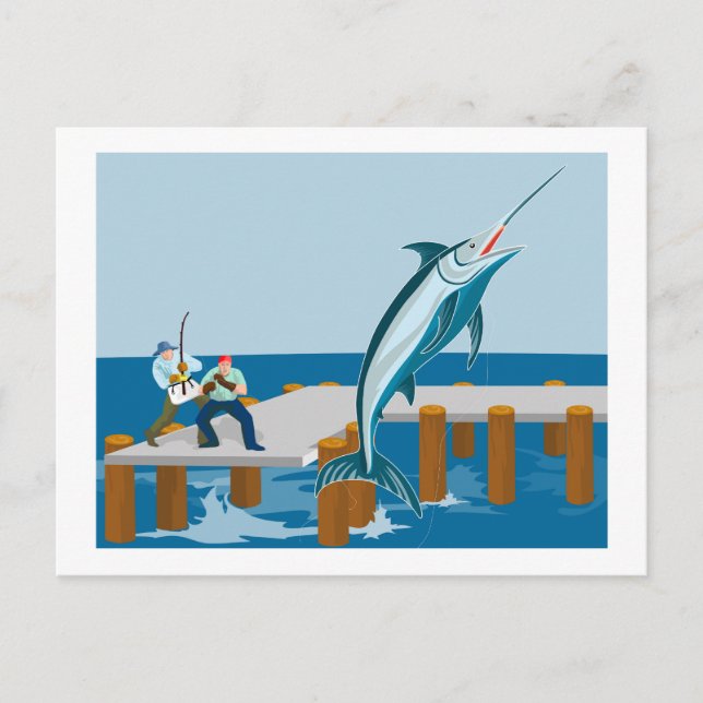 Blauer Marlin springt mit Fischern Postkarte (Vorderseite)
