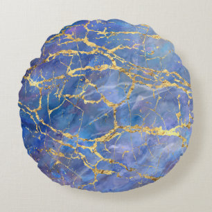 Blauer Marmor Gold Abstrakte Textur Rundes Kissen
