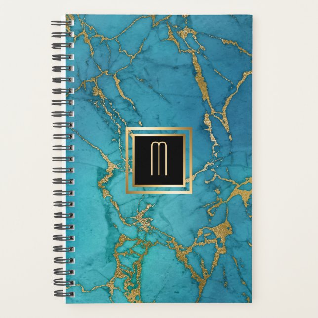 Blauer Marmor Gold Laced Monogram Planer (Vorderseite)