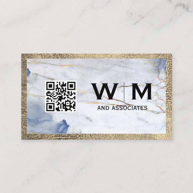 Blauer Marmor | Lederreise | Monogramm | QR-Code Visitenkarte (Vorderseite)