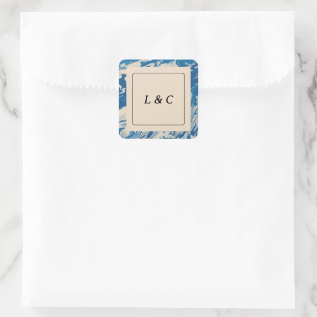 Blauer Marmor Moderne Gastgeschenk Hochzeit Quadratischer Aufkleber (Tasche)