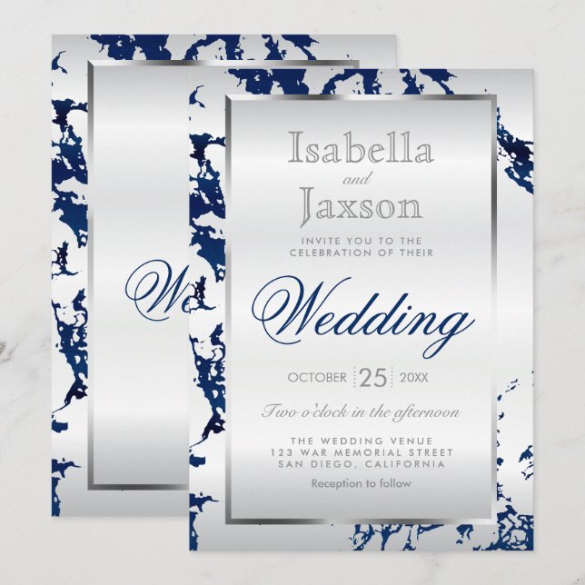 Blauer Marmor, Silver & White Satin Einladung (Vorne/Hinten)