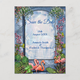 Blauer Marmor und rosa Flamingos Ankündigungspostkarte