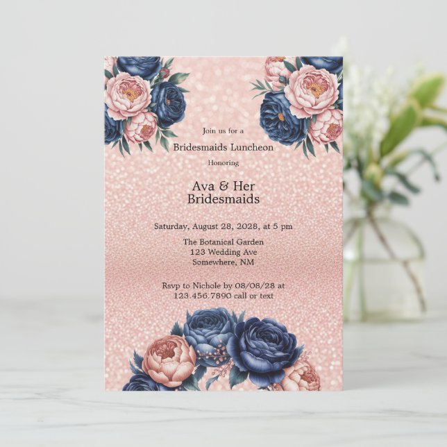 Blauer Marsch und Rose Gold Blumenbridmaier Lunche Einladung (Stehend Vorderseite)