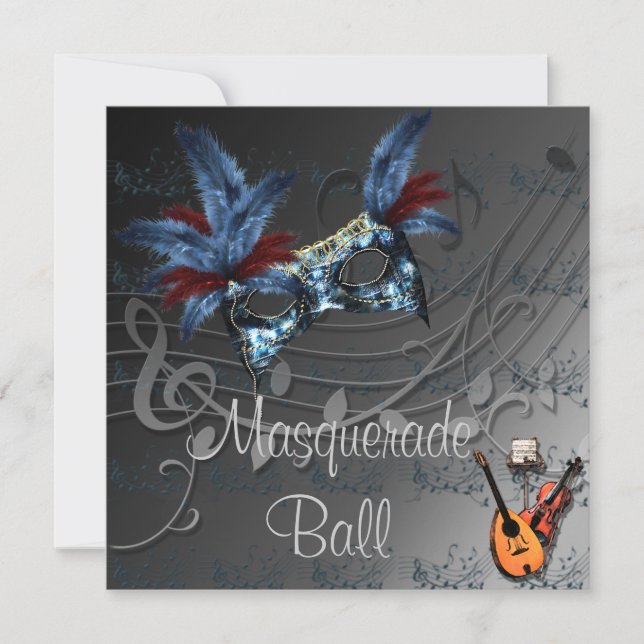 Blauer Maske auf Black Masquerade Ball Einladung (Vorderseite)
