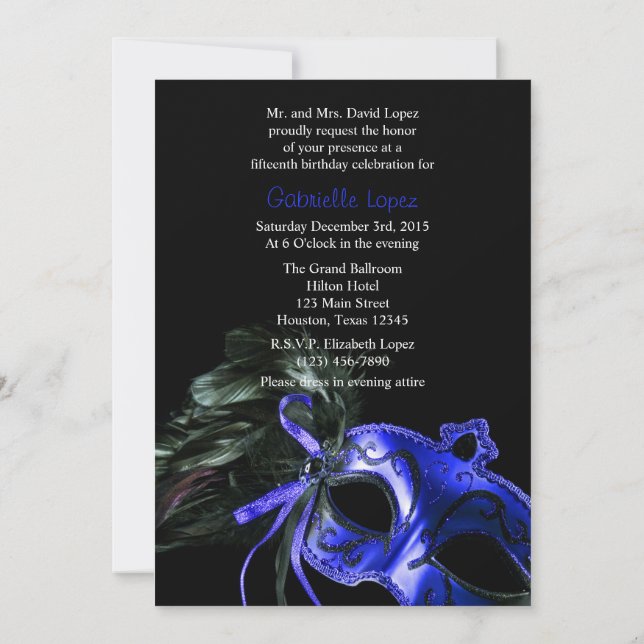 Blauer Masquerade Quinceanera Ball Einladung (Rückseite)