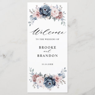 Blauer Mauve Rose Pink Slate Floral Hochzeit Programm
