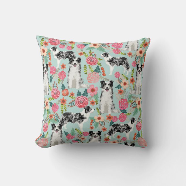 Blauer Meran Border Collie Floral Pilze Kissen (Vorderseite)