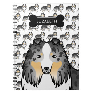 Blauer Merle-Cartoon-Sheltie mit Hundeknochen und  Notizblock