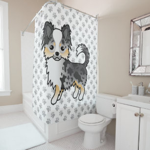 Blauer Merle Langhaar Chihuahua Cartoon Hund & Pfo Duschvorhang