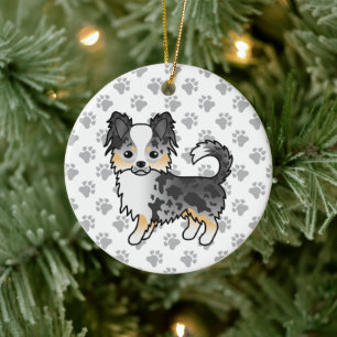 Blauer Merle Langhaar Chihuahua Cartoon Hund & Pfo Keramik Ornament