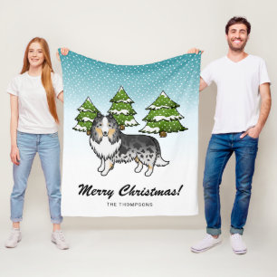 Blauer Merle Sheltie Cartoon Hund im Winter & Text Fleecedecke