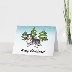 Blauer Merle Sheltie Cartoon-Hund im Winter & Text Karte
