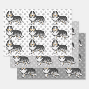 Blauer Merle Shetland Sheepdog Cartoon-Hund-Muster Geschenkpapier Set