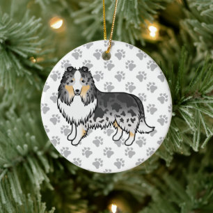 Blauer Merle Shetland Sheepdog Cartoon Hund & Pfot Keramik Ornament