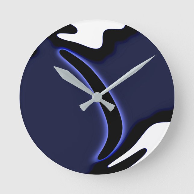 Blauer Mond: Abstrakt Blau, Weiß und Schwarz Runde Wanduhr (Vorderseite)