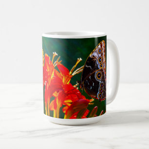 Blauer Morpho-Schmetterling auf Crocosmia Lucifer- Kaffeetasse