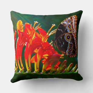 Blauer Morpho-Schmetterling auf Crocosmia Lucifer- Kissen