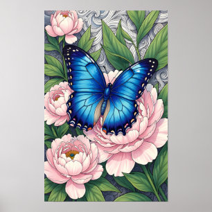 Blauer Morpho-Schmetterling Florale Botanische Kun Poster