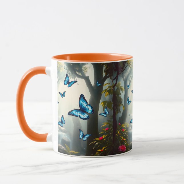 Blauer Morpho Schmetterling im Regenwald Tasse (Links)