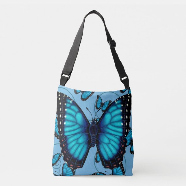 Blauer Morpho Schmetterling Tragetaschen Mit Langen Trägern (Vorderseite)