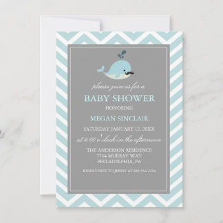 Blauer Mustache Whale Boy Babydusche Einladung