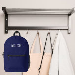 Blauer Name Bedruckter Rucksack<br><div class="desc">Klassisch marineblau. Personalisieren und fügen Sie einen Namen, weiße Buchstaben.</div>