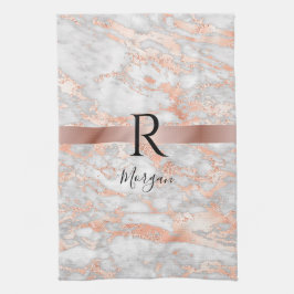 Blauer Name/Monogramm Weißer/Rose Goldmarmor Glitz Geschirrtuch