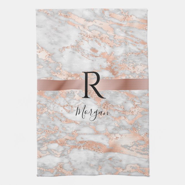 Blauer Name/Monogramm Weißer/Rose Goldmarmor Glitz Geschirrtuch (Vertikal)