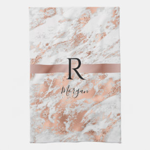 Blauer Name/Monogramm Weißer und Rose Goldmarmor G Geschirrtuch