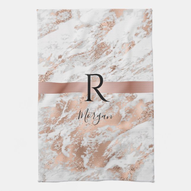 Blauer Name/Monogramm Weißer und Rose Goldmarmor G Geschirrtuch (Vertikal)