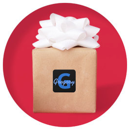 Blauer Name und Monogramm Quadratischer Aufkleber