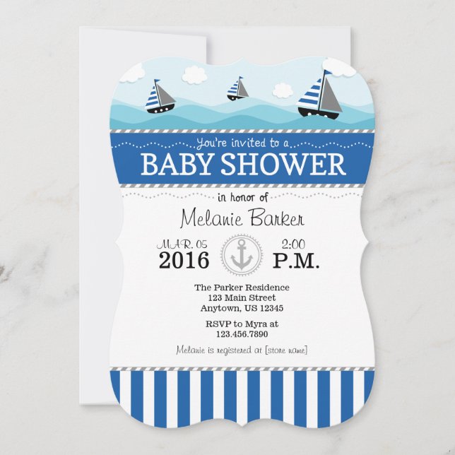 Blauer Nautical Baby Dusche Einladung (Vorderseite)