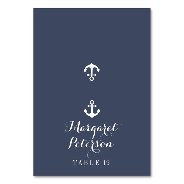 Blauer Navy Anchor am Meer Hochzeitsort Tischnummer (Vorderseite)
