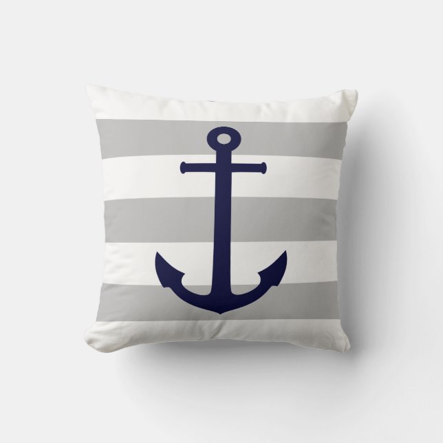 Blauer Navy Anchor auf grauen und weißen Streifen Kissen (Vorderseite)